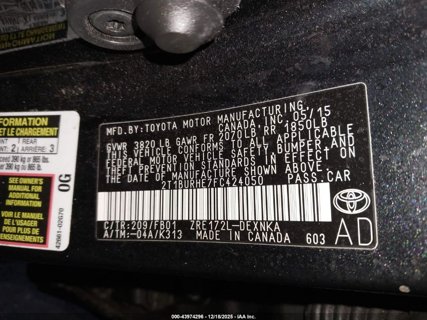 2015 Toyota Corolla Le VIN: 2T1BURHE7FC424050 Lot: 43974296