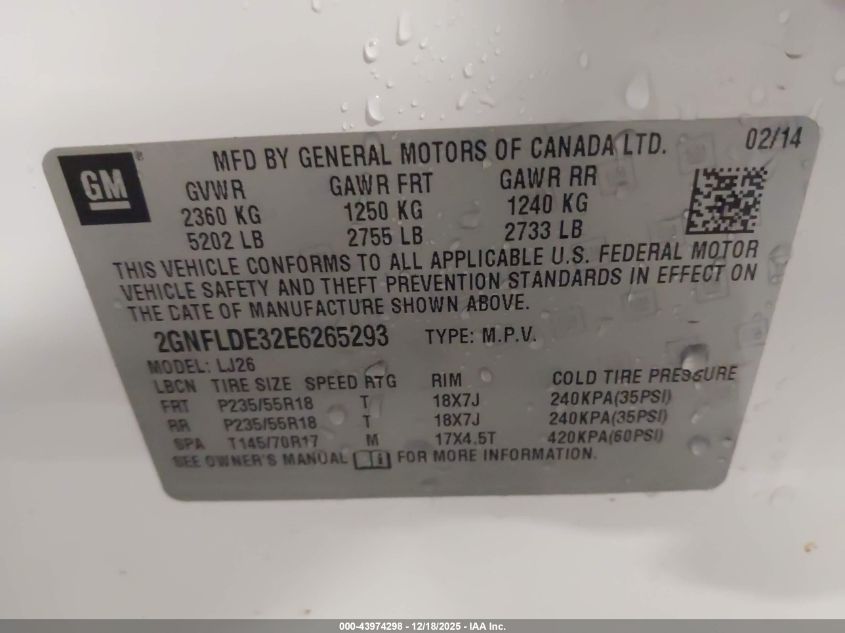 2014 Chevrolet Equinox Ltz VIN: 2GNFLDE32E6265293 Lot: 43974298