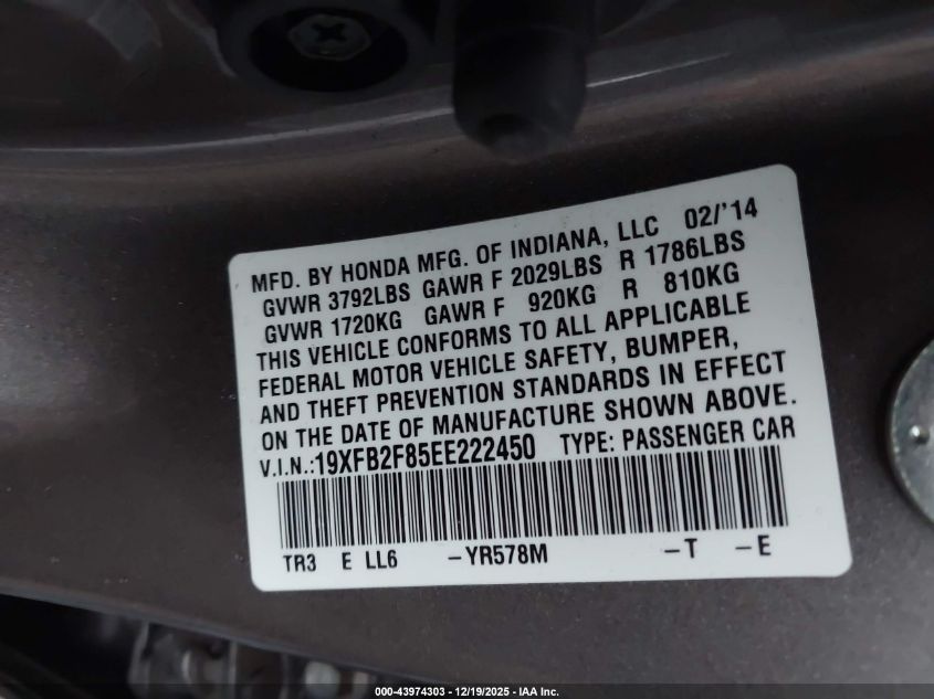 2014 Honda Civic Ex VIN: 19XFB2F85EE222450 Lot: 43974303