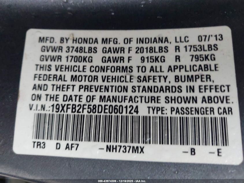 2013 Honda Civic Lx VIN: 19XFB2F58DE060124 Lot: 43974306