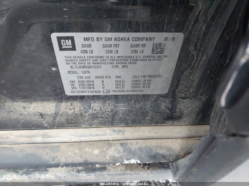 2016 Chevrolet Trax 1Ls VIN: KL7CJKSBXGB742311 Lot: 43974310