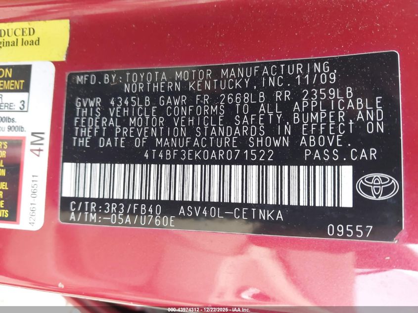 2010 Toyota Camry Le VIN: 4T4BF3EK0AR071522 Lot: 43974312