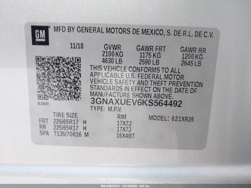 2019 Chevrolet Equinox Lt VIN: 3GNAXUEV6KS564492 Lot: 43974313