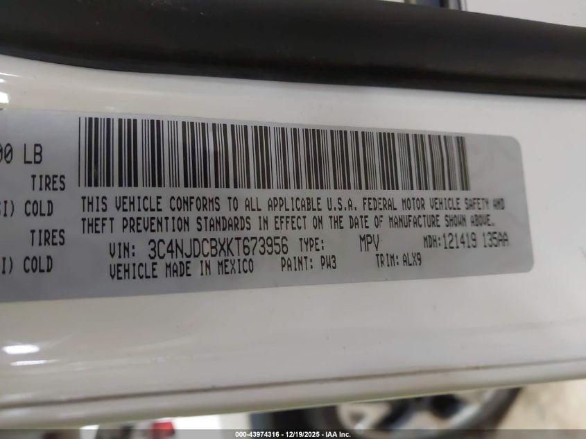 2019 Jeep Compass Limited 4X4 VIN: 3C4NJDCBXKT673956 Lot: 43974316