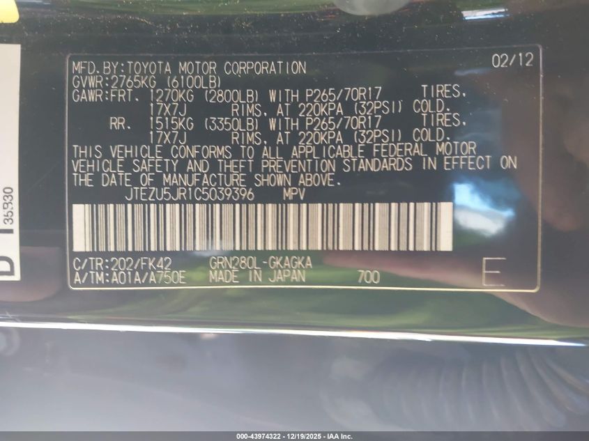 2012 Toyota 4Runner Sr5 VIN: JTEZU5JR1C5039396 Lot: 43974322