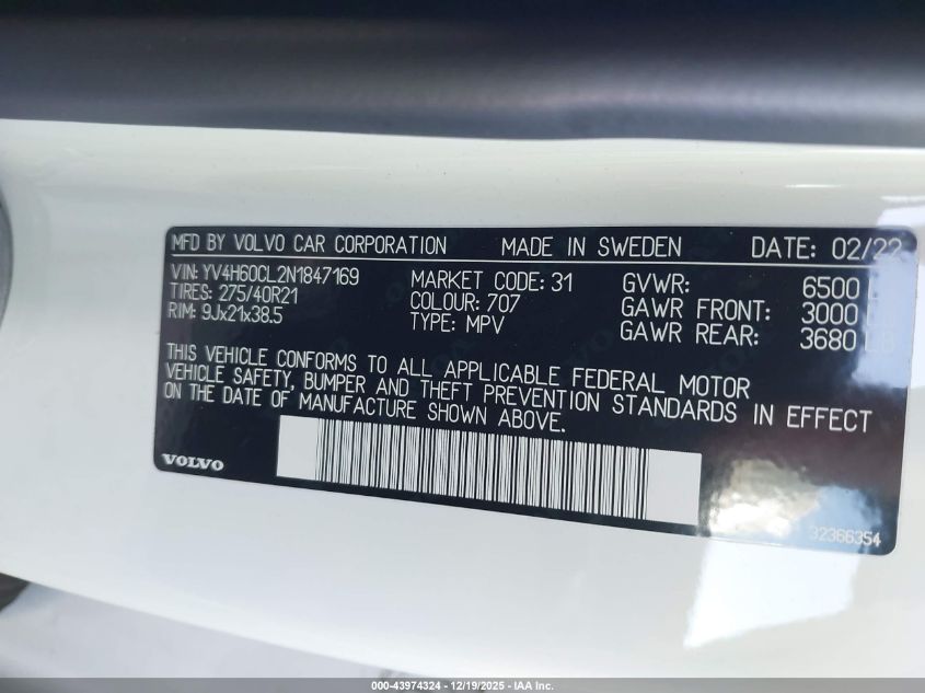 2022 Volvo Xc90 Recharge Plug-In Hybrid T8 Inscription Extended Range 6P VIN: YV4H60CL2N1847169 Lot: 43974324