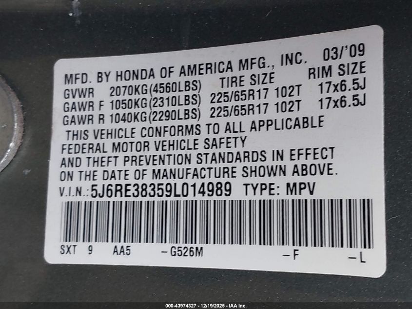 2009 Honda Cr-V Lx VIN: 5J6RE38359L014989 Lot: 43974327