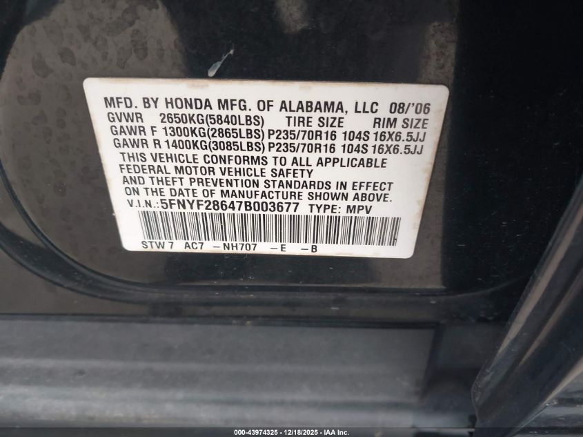2007 Honda Pilot Ex-L VIN: 5FNYF28647B003677 Lot: 43974325
