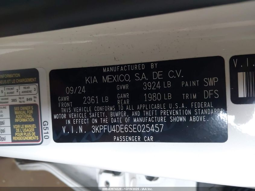 2025 Kia K4 Ex VIN: 3KPFU4DE6SE025457 Lot: 43974328