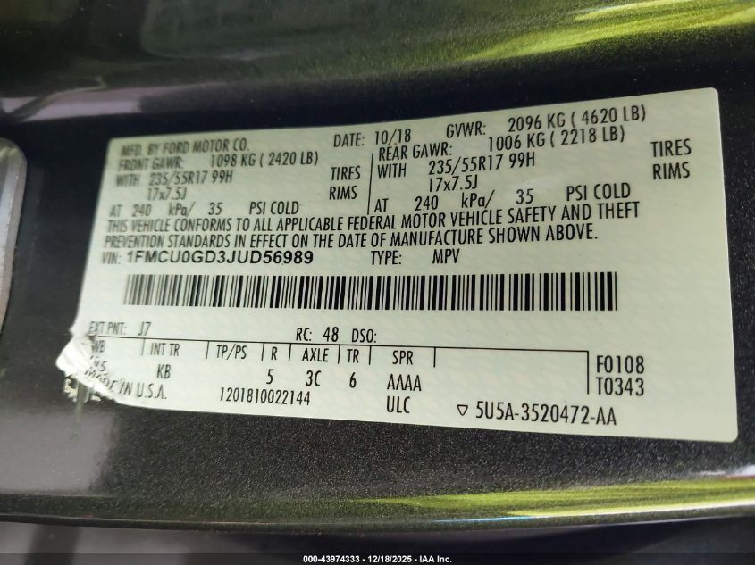 2018 Ford Escape Se VIN: 1FMCU0GD3JUD56989 Lot: 43974333