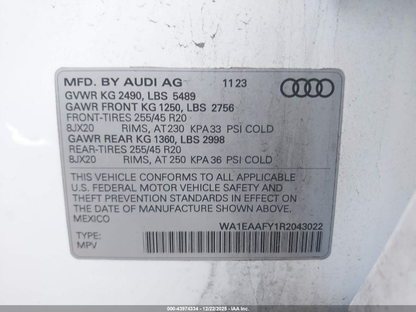 2024 Audi Q5 Premium Plus 45 Tfsi S Line Quattro VIN: WA1EAAFY1R2043022 Lot: 43974334