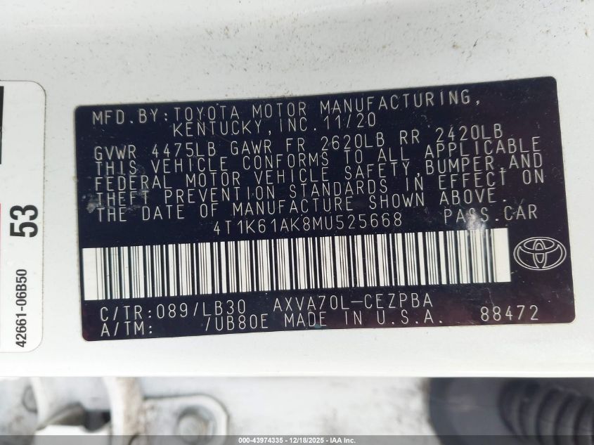 2021 Toyota Camry Xse VIN: 4T1K61AK8MU525668 Lot: 43974335