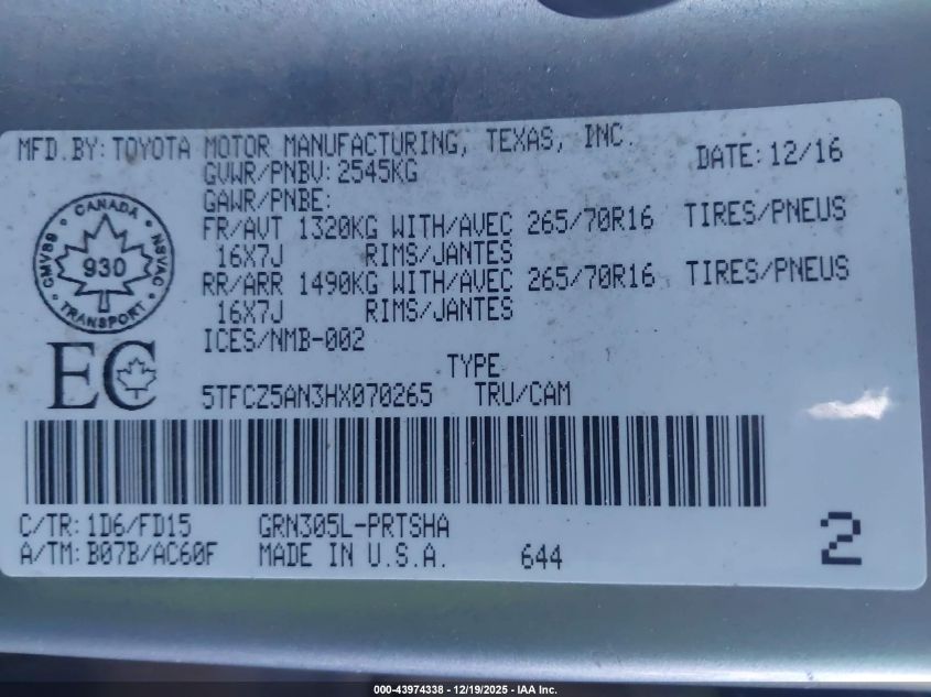 2017 Toyota Tacoma Sr5/Trd Off Road/Trd Sport VIN: 5TFCZ5AN3HX070265 Lot: 43974338