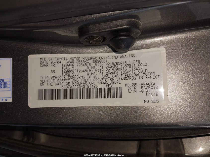 2004 Toyota Sienna Xle VIN: 5TDZA22C54S191425 Lot: 43974337