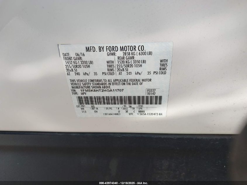 2017 Ford Explorer Platinum VIN: 1FM5K8HT2HGA11707 Lot: 43974340