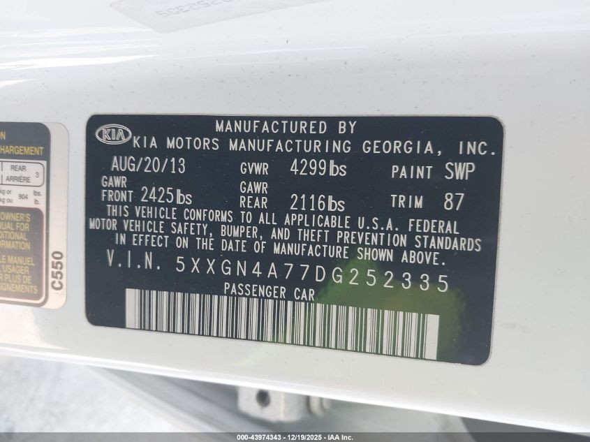 2013 Kia Optima Ex VIN: 5XXGN4A77DG252335 Lot: 43974343