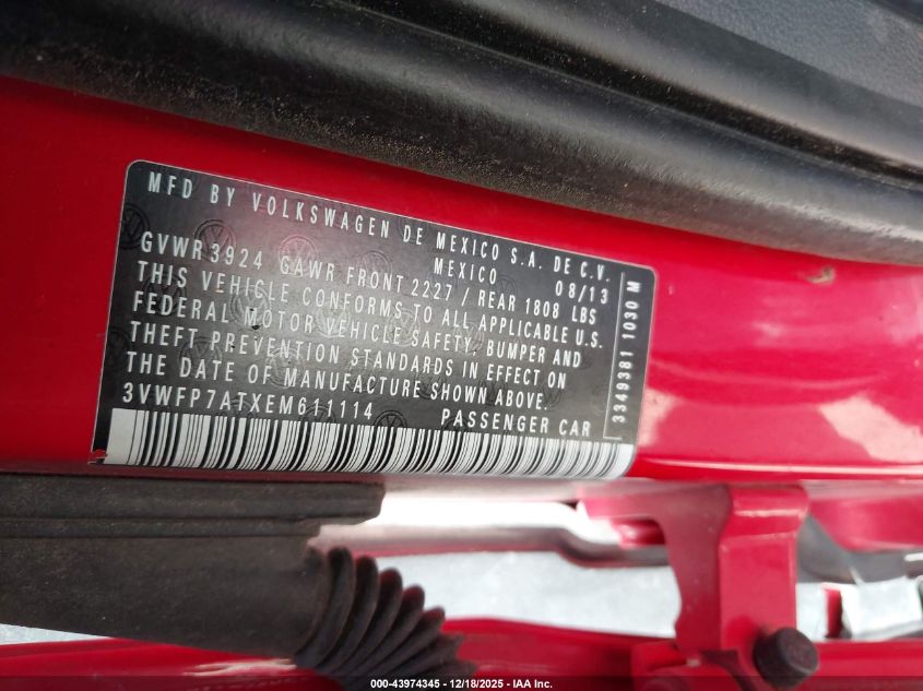 2014 Volkswagen Beetle 2.5L Entry VIN: 3VWFP7ATXEM611114 Lot: 43974345