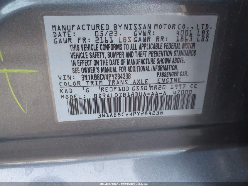 2023 Nissan Sentra Sv Xtronic Cvt VIN: 3N1AB8CV4PY284238 Lot: 43974347