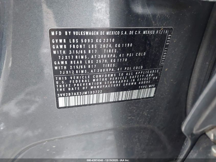 2018 Volkswagen Tiguan 2.0T Se/2.0T Sel VIN: 3VV2B7AX3JM193722 Lot: 43974348