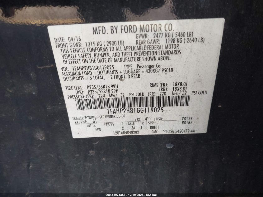 2016 Ford Taurus Sel VIN: 1FAHP2H81GG119025 Lot: 43974353