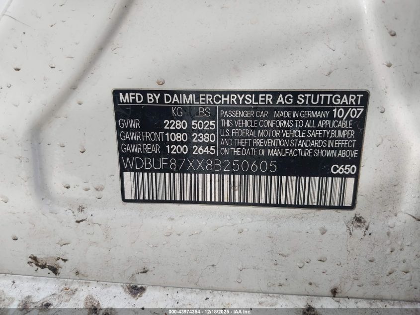 2008 Mercedes-Benz E 350 4Matic VIN: WDBUF87XX8B250605 Lot: 43974354
