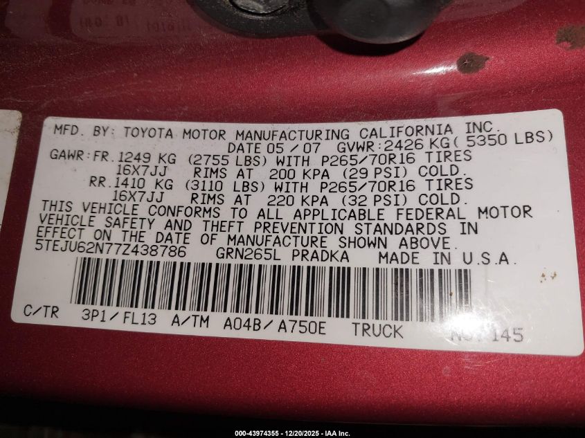2007 Toyota Tacoma Prerunner V6 VIN: 5TEJU62N77Z438786 Lot: 43974355
