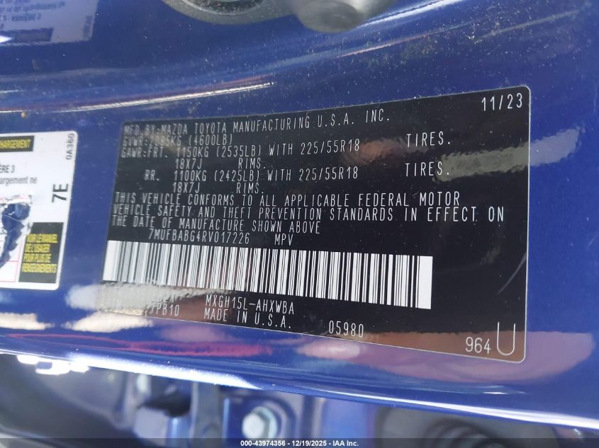 2024 Toyota Corolla Cross Hybrid Xse VIN: 7MUFBABG4RV017226 Lot: 43974356