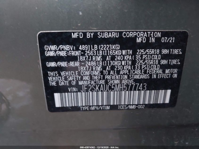 2021 Subaru Forester Limited VIN: JF2SKAUC5MH577743 Lot: 43974362