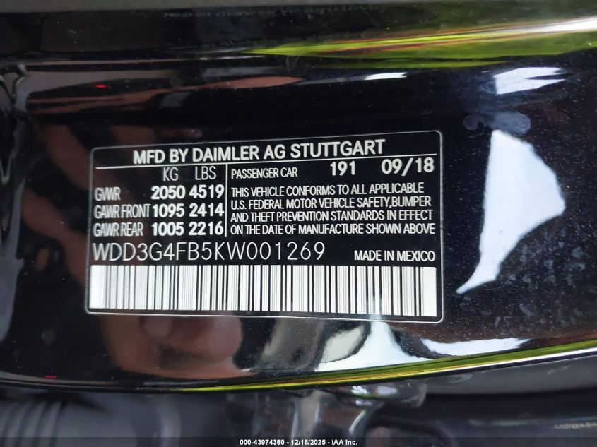 2019 Mercedes-Benz A 220 4Matic VIN: WDD3G4FB5KW001269 Lot: 43974360