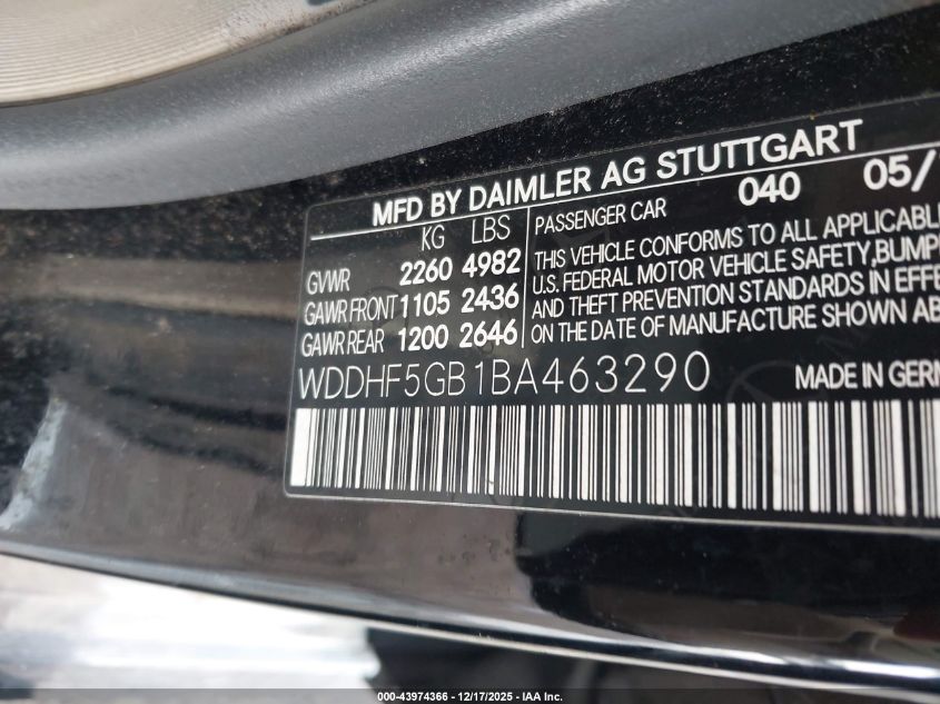 2011 Mercedes-Benz E 350 VIN: WDDHF5GB1BA463290 Lot: 43974366