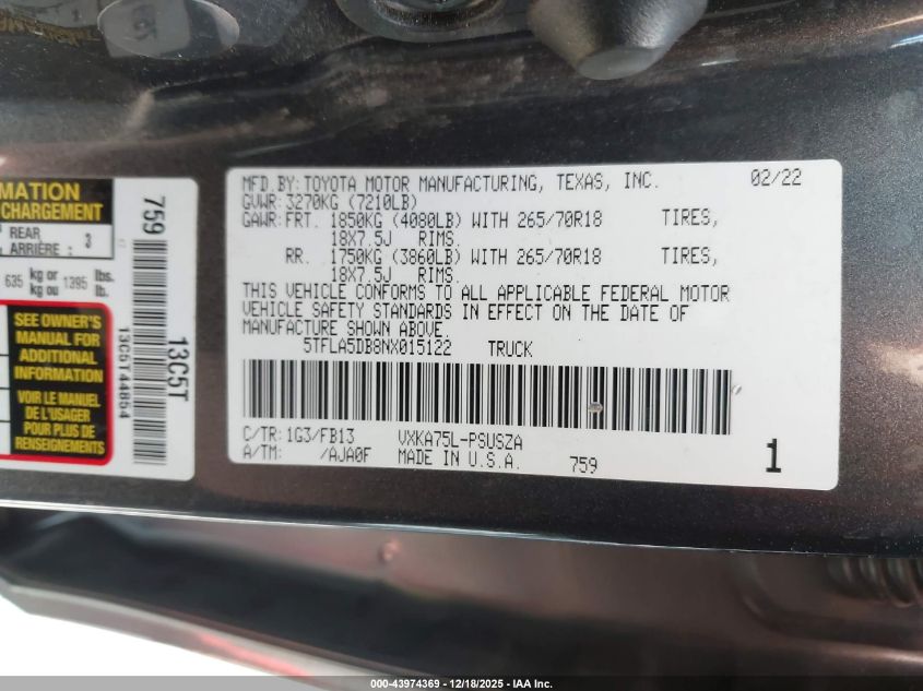 2022 Toyota Tundra Sr5 VIN: 5TFLA5DB8NX015122 Lot: 43974369