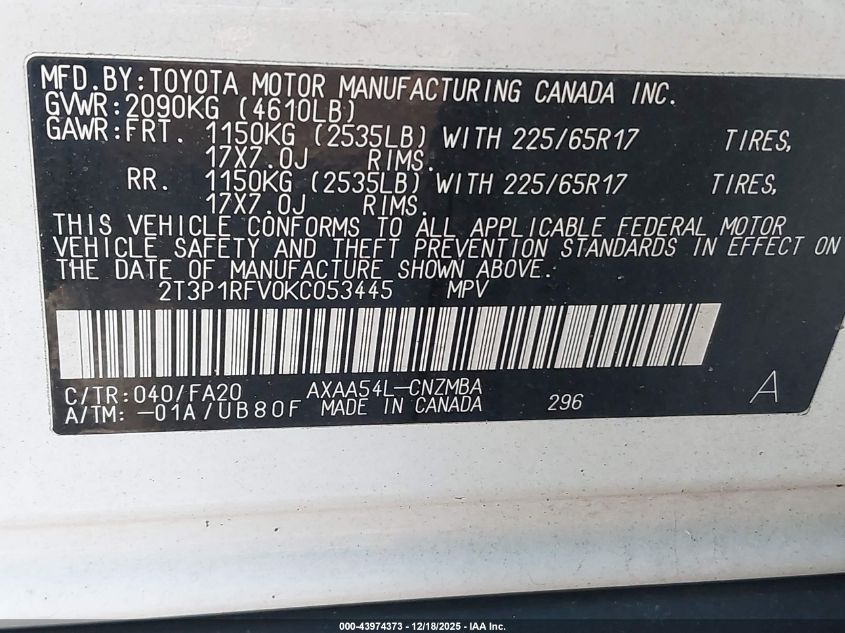 2019 Toyota Rav4 Xle VIN: 2T3P1RFV0KC053445 Lot: 43974373