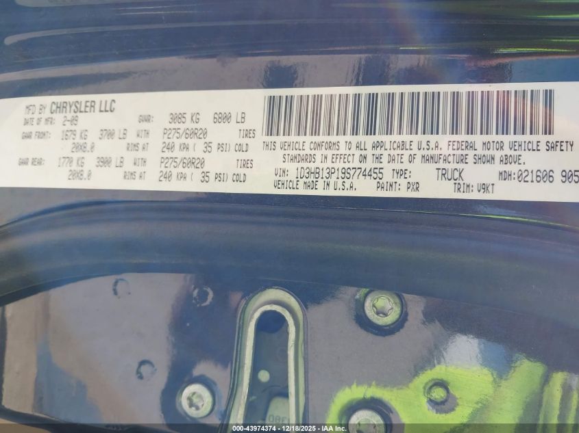 2009 Dodge Ram 1500 Slt/Sport/Trx VIN: 1D3HB13P19S774455 Lot: 43974374