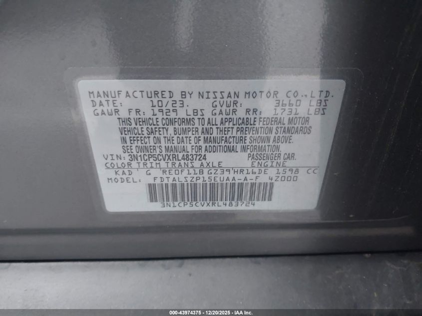 2024 Nissan Kicks Sv Xtronic Cvt VIN: 3N1CP5CVXRL483724 Lot: 43974375