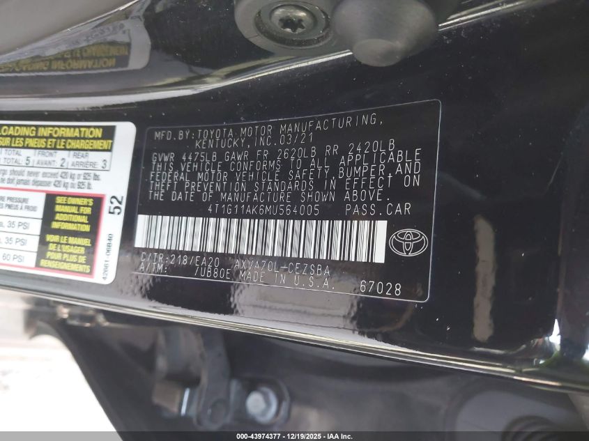 2021 Toyota Camry Se VIN: 4T1G11AK6MU564005 Lot: 43974377