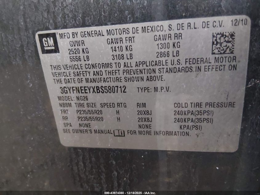 2011 Cadillac Srx Performance Collection VIN: 3GYFNEEYXBS580712 Lot: 43974380