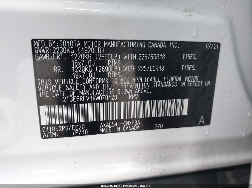 2024 Toyota Rav4 Hybrid Xse VIN: 2T3E6RFV1RW070420 Lot: 43974383