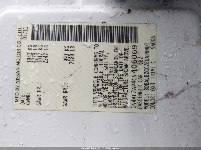 2012 Nissan Altima 2.5 S VIN: 1N4AL2AP4CN406069 Lot: 43974384