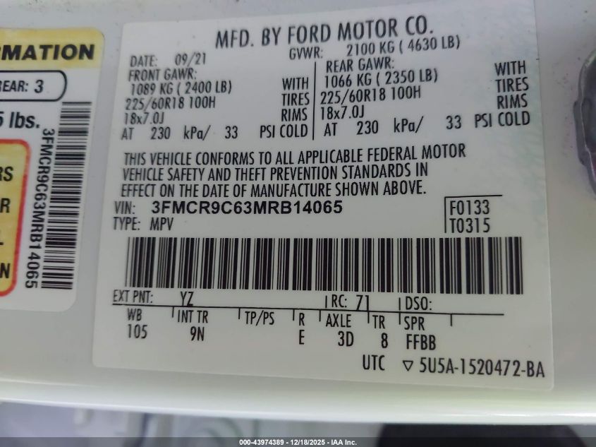 2021 Ford Bronco Sport Outer Banks VIN: 3FMCR9C63MRB14065 Lot: 43974389