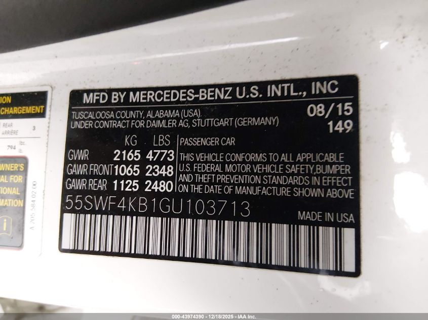 2016 Mercedes-Benz C 300 4Matic VIN: 55SWF4KB1GU103713 Lot: 43974390