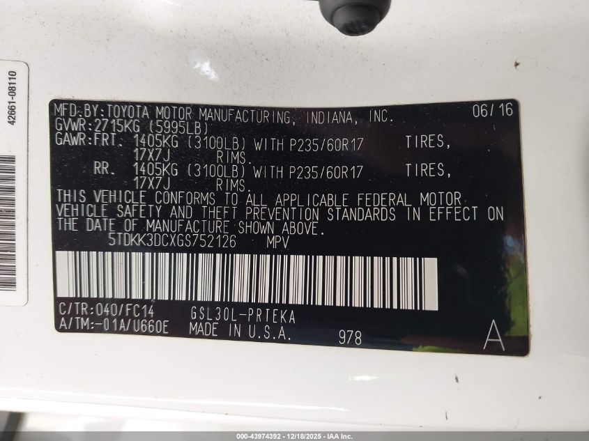 2016 Toyota Sienna Le 8 Passenger VIN: 5TDKK3DCXGS752126 Lot: 43974392