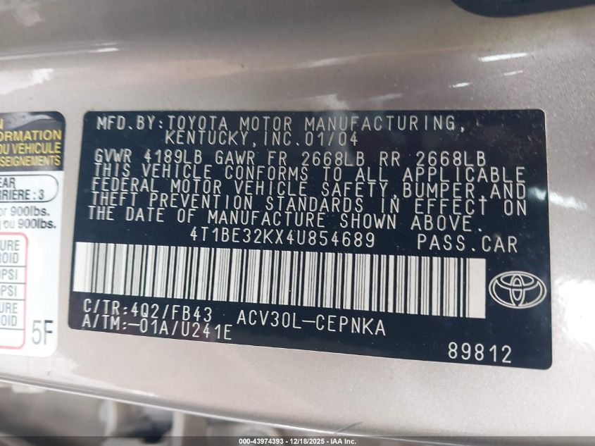 2004 Toyota Camry Le VIN: 4T1BE32KX4U854689 Lot: 43974393