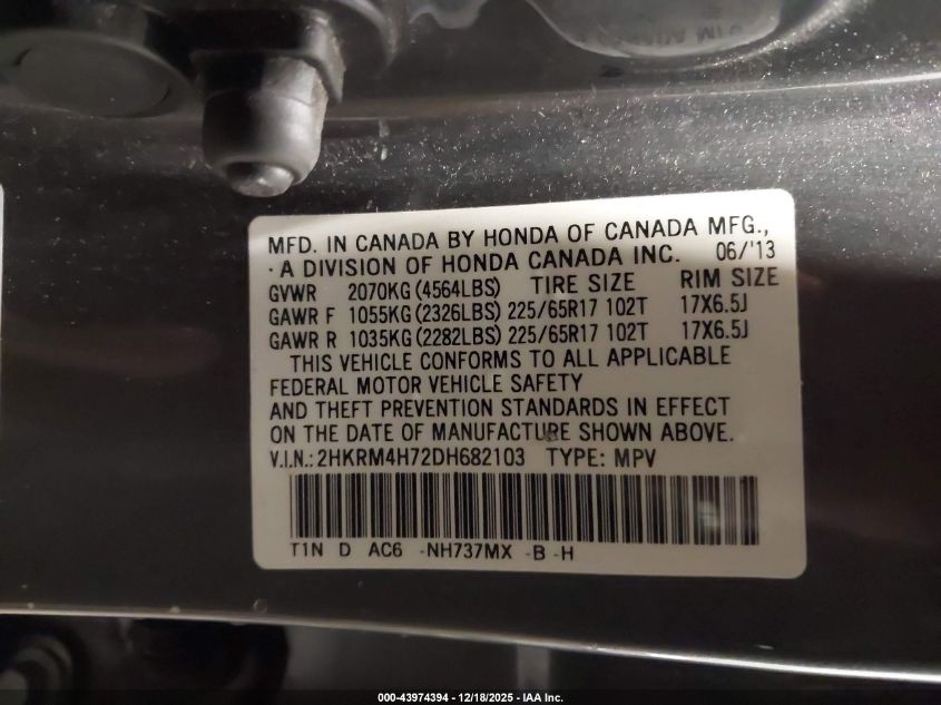 2013 Honda Cr-V Ex-L VIN: 2HKRM4H72DH682103 Lot: 43974394