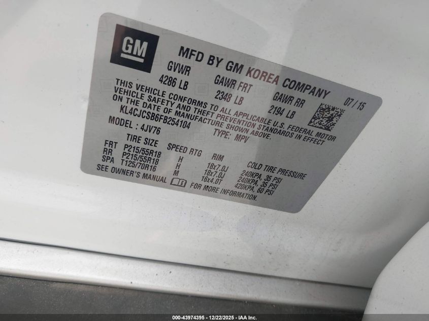 2015 Buick Encore Leather VIN: KL4CJCSB6FB254104 Lot: 43974395