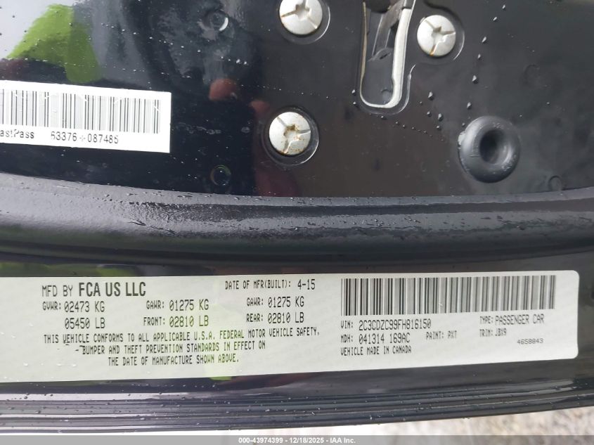 2015 Dodge Challenger Srt Hellcat VIN: 2C3CDZC99FH816150 Lot: 43974399