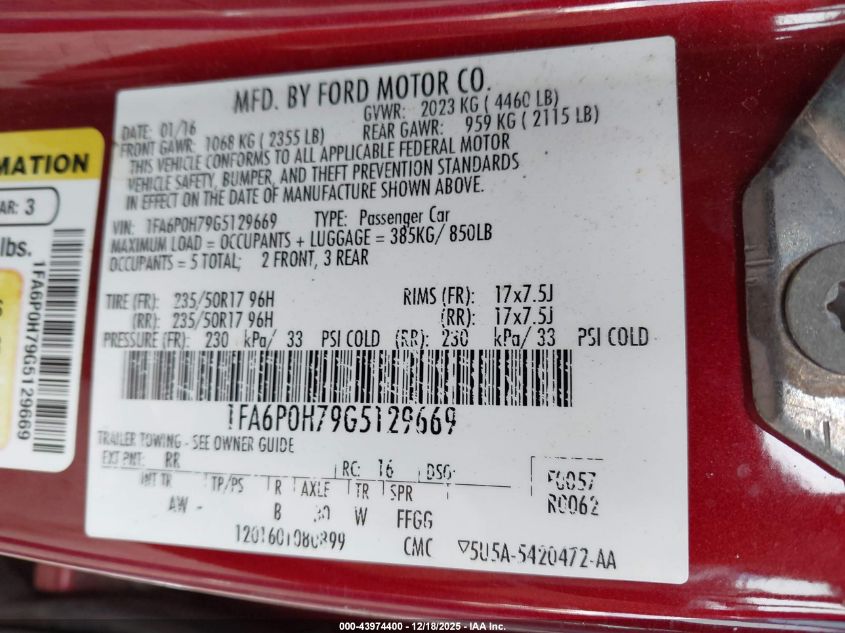 2016 Ford Fusion Se VIN: 1FA6P0H79G5129669 Lot: 43974400