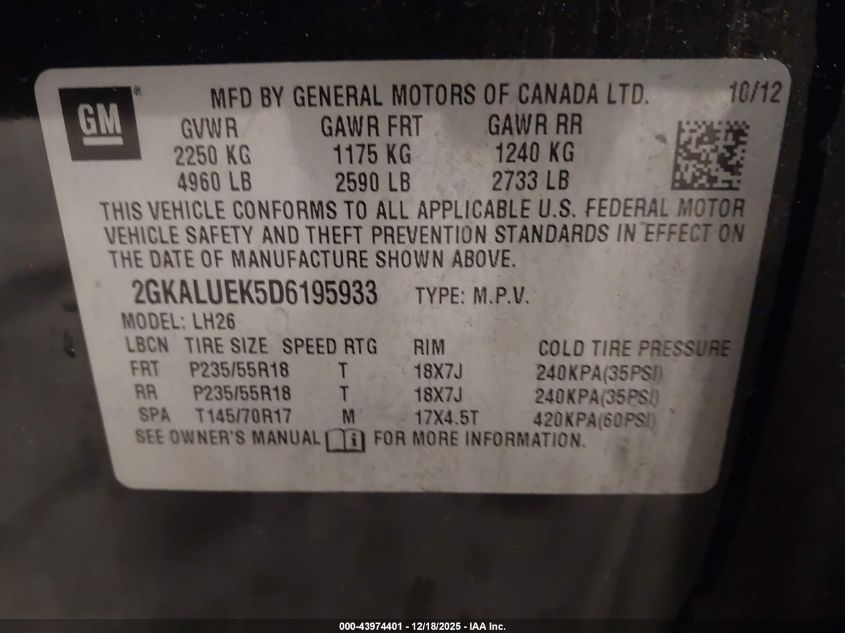 2013 GMC Terrain Slt-1 VIN: 2GKALUEK5D6195933 Lot: 43974401