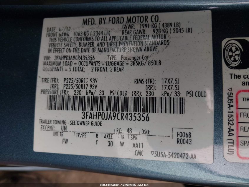 2012 Ford Fusion Sel VIN: 3FAHP0JA9CR435356 Lot: 43974402