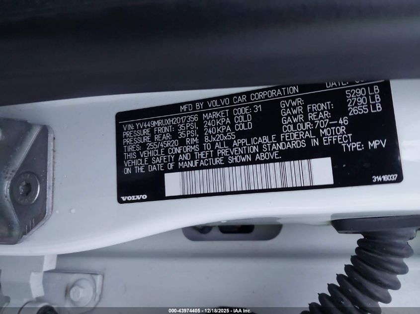 2017 Volvo Xc60 T6 Inscription VIN: YV449MRUXH2017356 Lot: 43974405