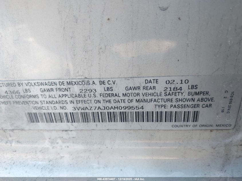 2010 Volkswagen Jetta Limited Edition VIN: 3VWAZ7AJ0AM099554 Lot: 43974407